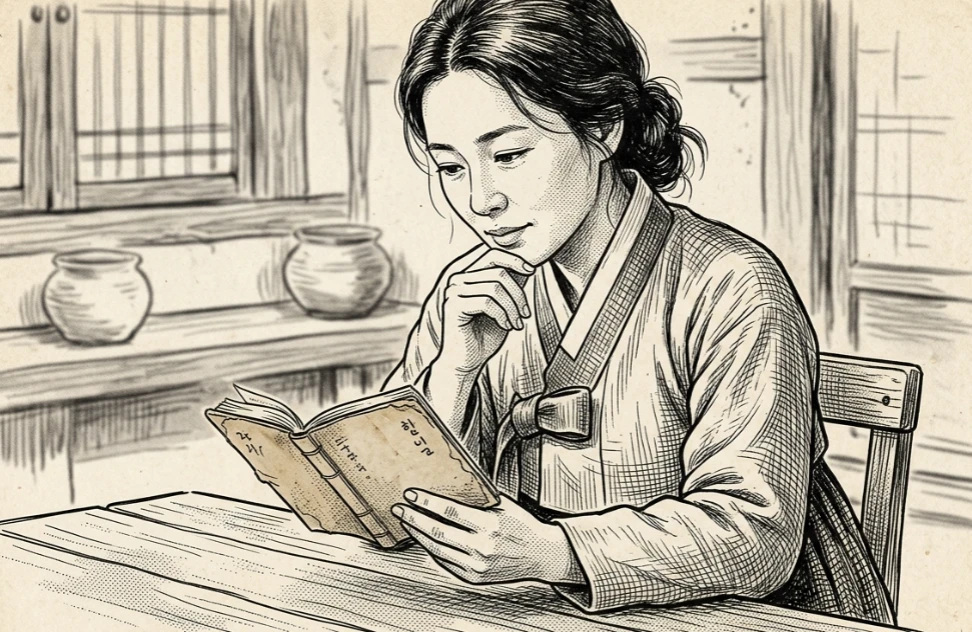 다이어리를 만지며 생각에 잠긴 여성 삽화