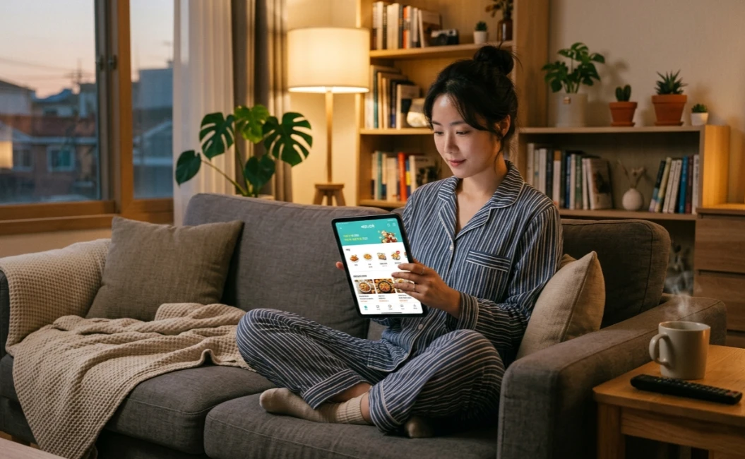 집에서 태블릿으로 배달 음식을 주문하는 일상