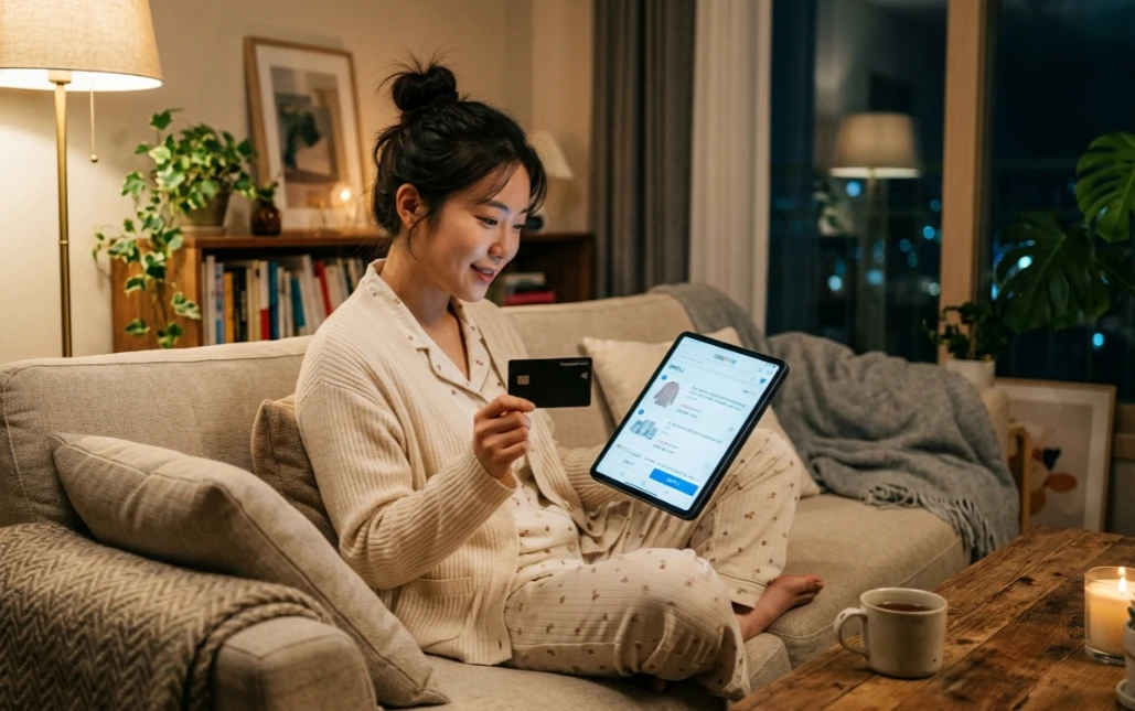 거실 테이블에서 태블릿과 카드로 온라인 쇼핑하는 장측